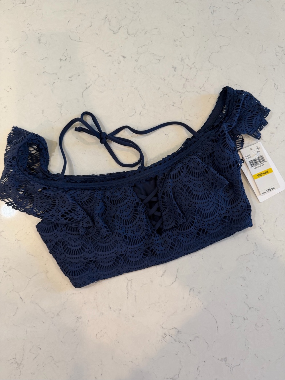 Becca Swim Navy Crochet Off-Shoulder Bikini Top